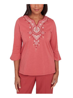 Alfred Dunner Petite Extra Large Red Split Neck Floral Embroidered Top NWT